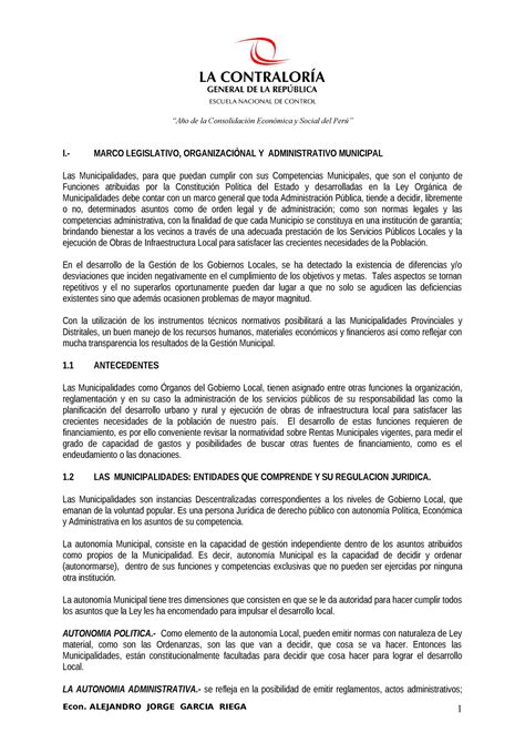 Lectura I Organización Municipal Año de la Consolidación Económica y