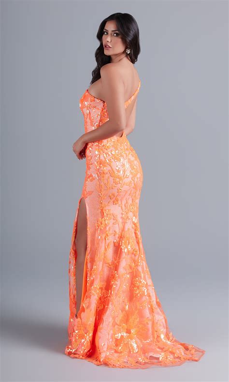 One Shoulder Neon Sequin Long Prom Dress Promgirl