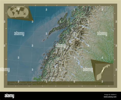 Nordland, county of Norway. Elevation map colored in wiki style with lakes and rivers. Corner ...