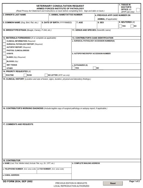 Dd Form 2834 Veterinary Consultation Request Dd Forms