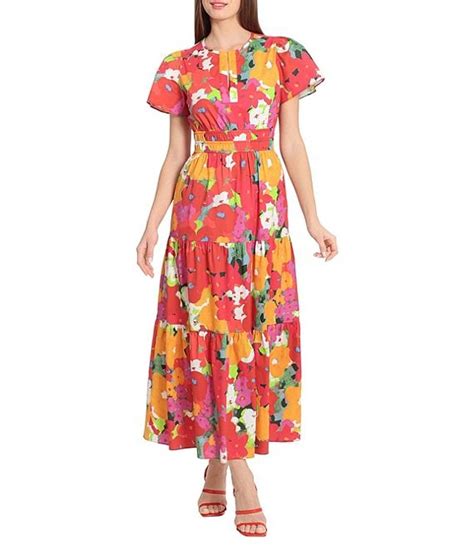 Maggy London Floral Print Poplin Short Sleeve Midi Dress Dillards