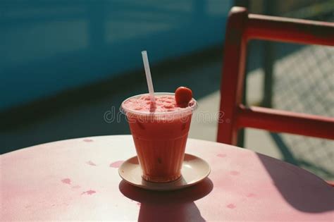 Una Bebida Rosa Sentada Encima De Una Mesa Stock de ilustración