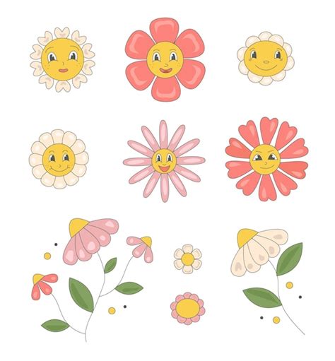 Premium Vector Groovy Set Of Retro Hippie Daisy Flowers With