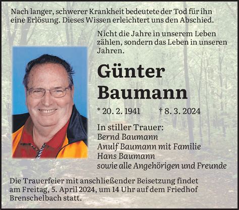 Traueranzeigen von Günter Baumann Saarbruecker Zeitung Trauer de