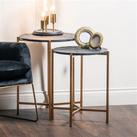 Oren Set Of 2 Black Marble Side Tables With Gold Legs Furniture In