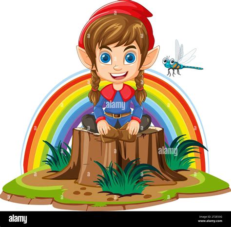 Dwarf Cartoon Sitting On Three Stump In Fantasy World Illustration