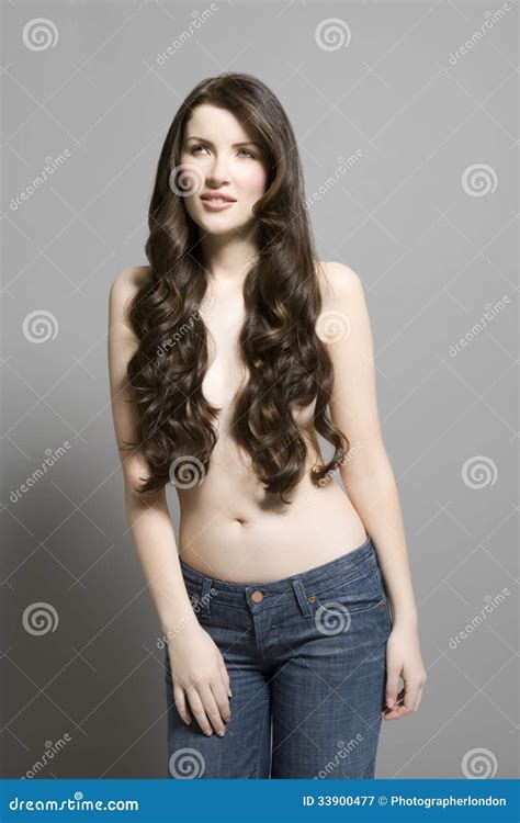 Topless Woman In Jeans With Long Brown Wavy Hair Stock Image Image Of