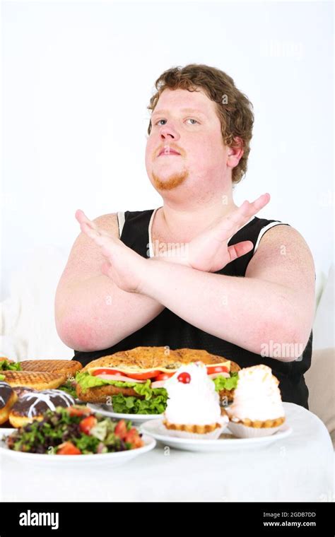 Fat Man Do Not Want To Eat A Lot Of Unhealthy Food On Home Interior