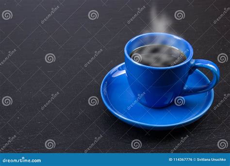 Blue Cup Of Coffee On Black Wooden Background Stock Photo Image Of