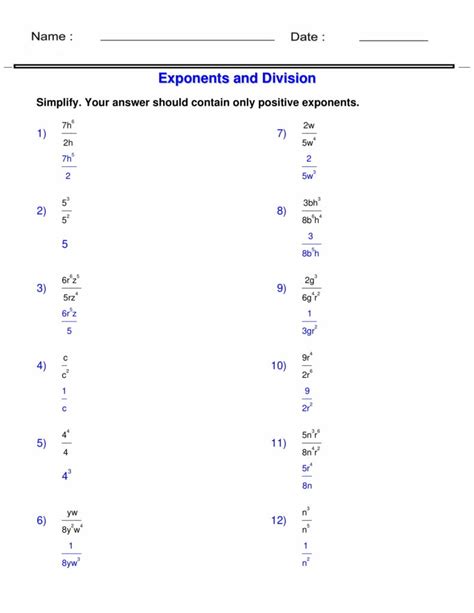 Exponents With Division Algebra 1 Exponents Worksheets Made By