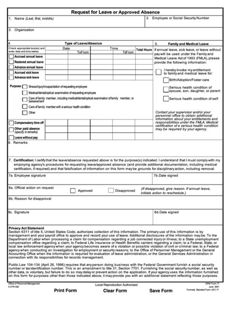 Fillable Opm Form Request For Leave Or Approved Absence Printable