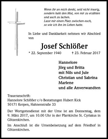 Traueranzeigen von Josef Schlößer WirTrauern