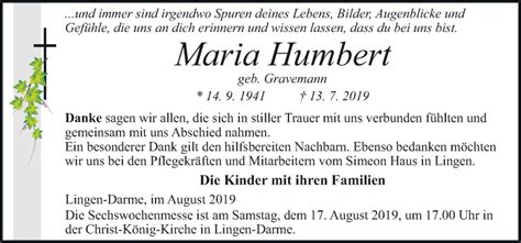 Traueranzeigen Von Maria Humbert Noz Trauerportal