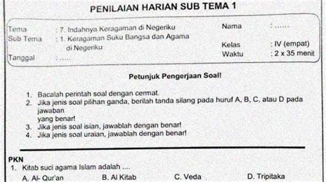 Soal Penilaian Harian Kelas 4 Tema 7 Subtema 1 SekolahDasar Net