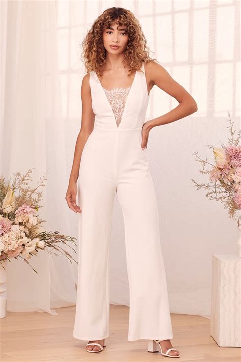 White Jumpsuit Lace Jumpsuit Straight Leg Jumpsuit Lulus