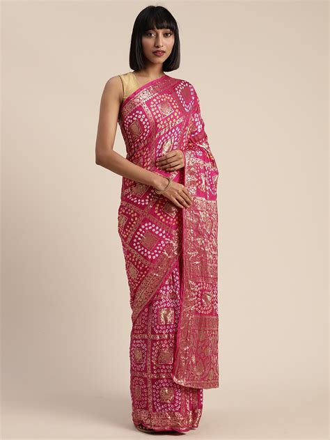 Buy Geroo Jaipur Hand Dyed Pink Bandhani Silk Saree - Sarees for Women ...