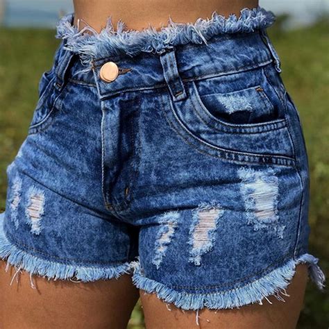 Women Sexy Distressed Ripped Holes High Waist Denim Shorts Stretch