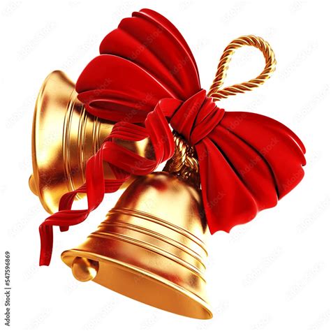 Golden Metal Jingle Bell With Red Bow Isolated Christmas Symbol