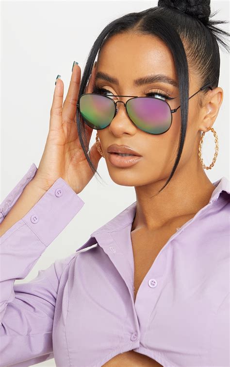 Black Frame Purple Lens Aviator Sunglasses Prettylittlething Aus