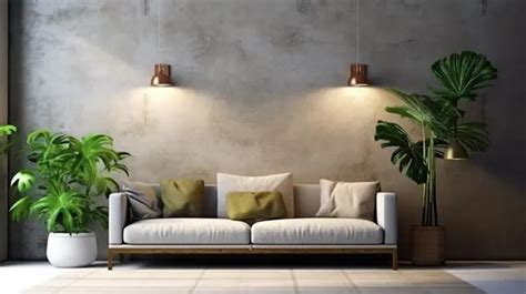 Modern Loft Living Sofa Lamp And Plants Against Concrete Wall