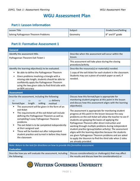 D093 Task 1 Assessment Plan WGU Assessment Plan Part I Lesson