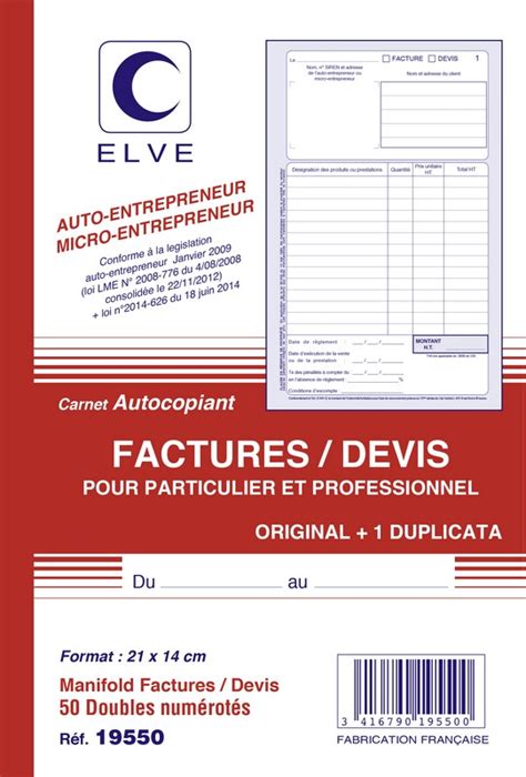 Carnet De Factures Et Devis Auto Entrepreneur Elve 19550 Facturier