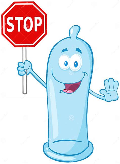 Blue Condom Character Holding A Stop Sign Stock Vector Illustration