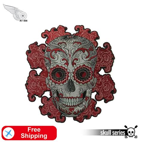 Flower Sugar Skull Embroidery Iron On Patches For Clothes Large Size