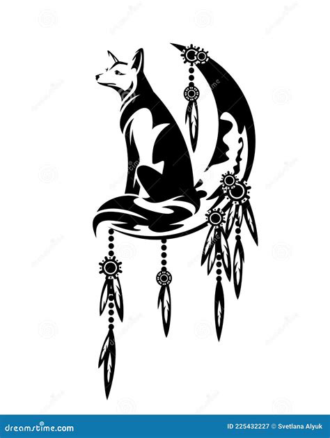 Feathered Dream Catcher With Moon Crescent And Fox Black And White