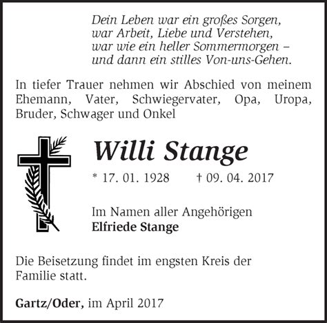 Traueranzeigen Von Willi Stange M Rkische Onlinezeitung Trauerportal