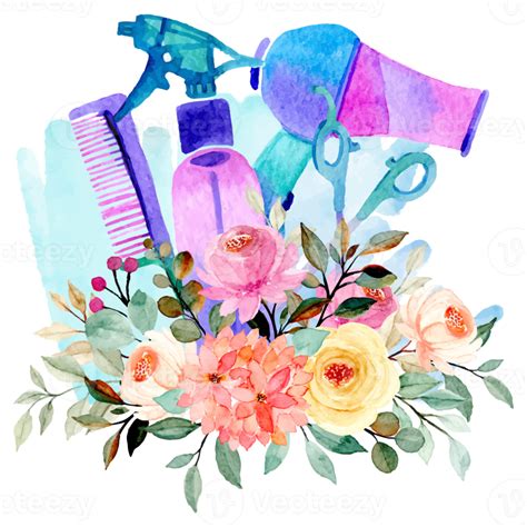 Outils De Salon De Coiffure Beaut Aquarelle Floral Png Png