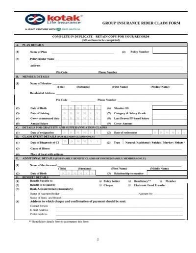 Rider Claim Intimation Form Kotak Life Insurance Kotak Mahindra