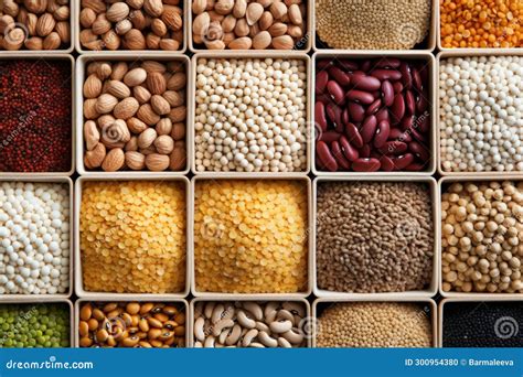 Top View Of Containers Filled With A Variety Of Grains And Legumes The