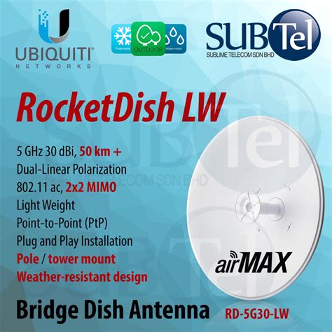 RD 5G30 LW Ubiquiti Networks RocketDish 5GHz 30 DBi AirMax 2x2 MIMO