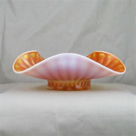 Antique Dugan Stippled Flower Peach Opal Carnival Glass Tri Corner Bowl Carnival Glass