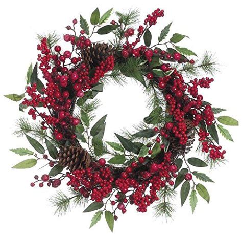 16 Inch Christmas Berry Wreath With Pine Boughs Pine Cones And Holly Leaves Berry Wreath