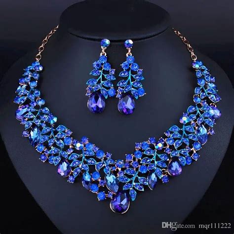 Leaf New Fashion Crystal Stone Necklace Set Earrings For Women Blue