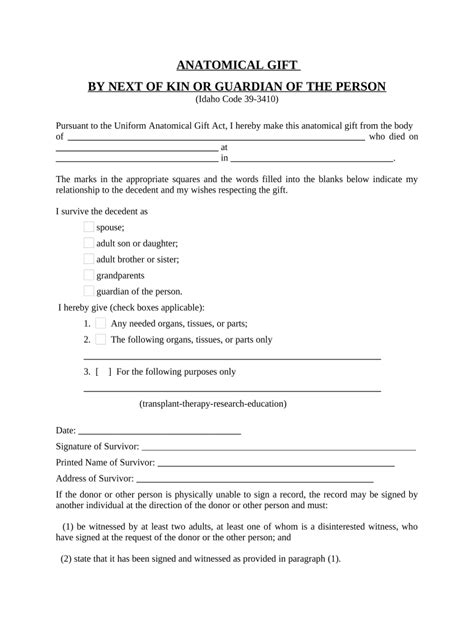 Uniform Anatomical Gift Act Donation Declaration Idaho Fill Out And