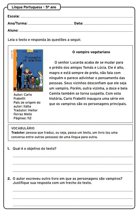 Leitura e interpretação de texto 5 ano Atividade de leitura e