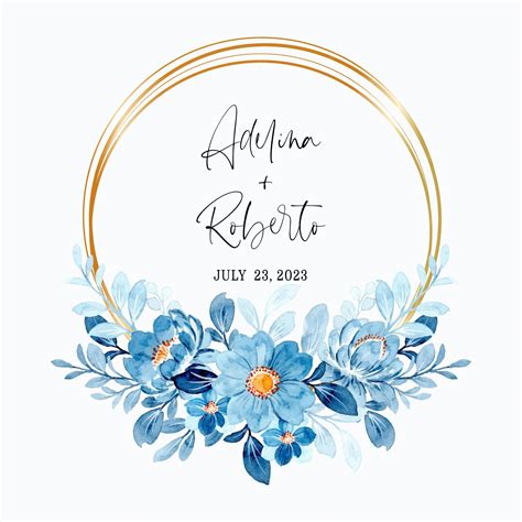 Premium Vector Beautiful Blue Floral Wreath Watercolor With Golden Frame