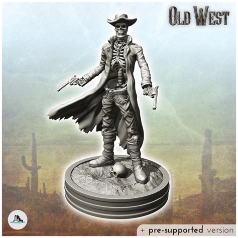 D Printable Skeleton Cowboy With Skull And Two Revolvers Six