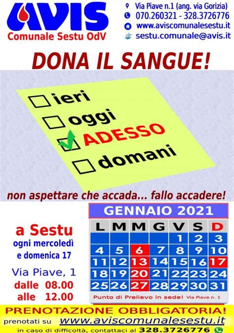 Calendario Prelievi Di Gennaio Avis Comunale Sestu