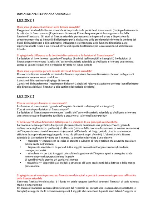 Finanza Aziendale Completo Aperte Domande Aperte Finanza Aziendale