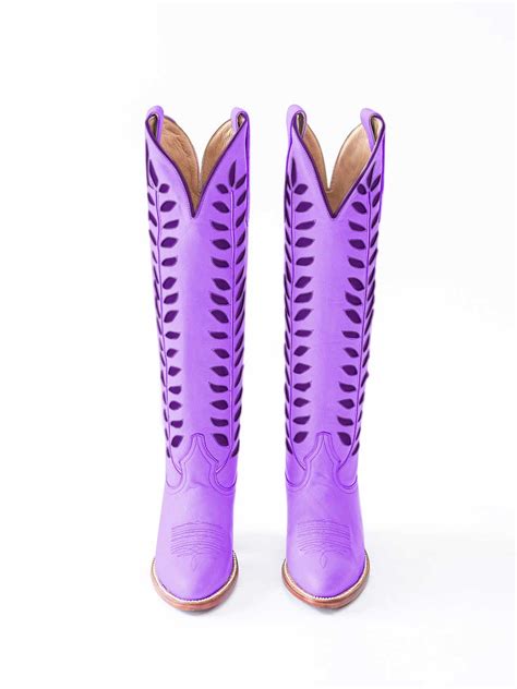 Purple Pointed Toe Leaves Pattern Inlay Knee High Cowgirl Boots With