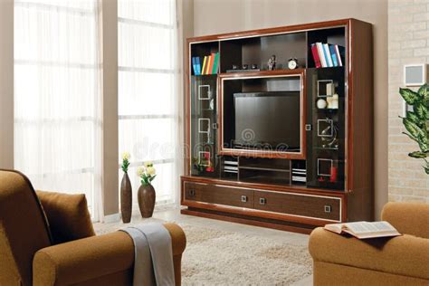 Living room with TV stand stock image. Image of wood - 114631527