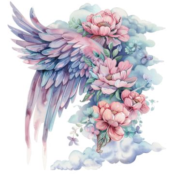 Pintura Em Aquarela De Asas De Anjo E Flores Nas Nuvens PNG Aquarela