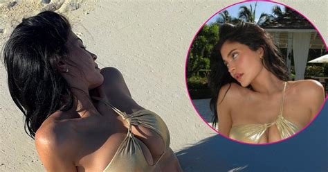 Kylie Jenner Shows Cleavage In Gold Bikini On Beach Vacation Photos