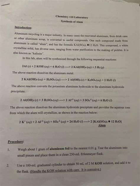 Get Answer Chemistry 110 Laboratory Synthesis Of Alum Introduction