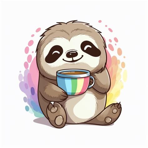 Premium Photo A Cartoon Sloth Holding A Cup Of Coffee With A Rainbow