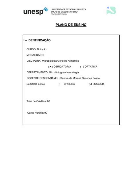 PDF PLANO DE ENSINO Ibb Unesp Br Morfologia E Fisiologia De Micro